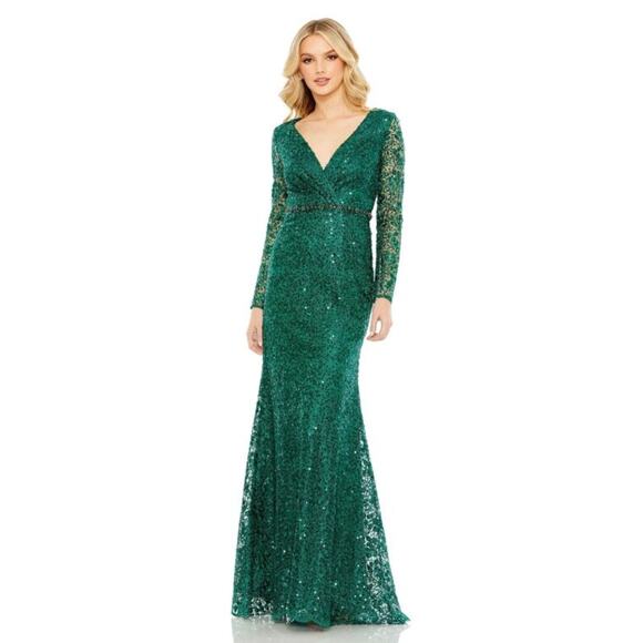 Mac Duggal Embellished Wrap Over Long Sleeve Gown Green Style 68016 Size 6 - Picture 1 of 9